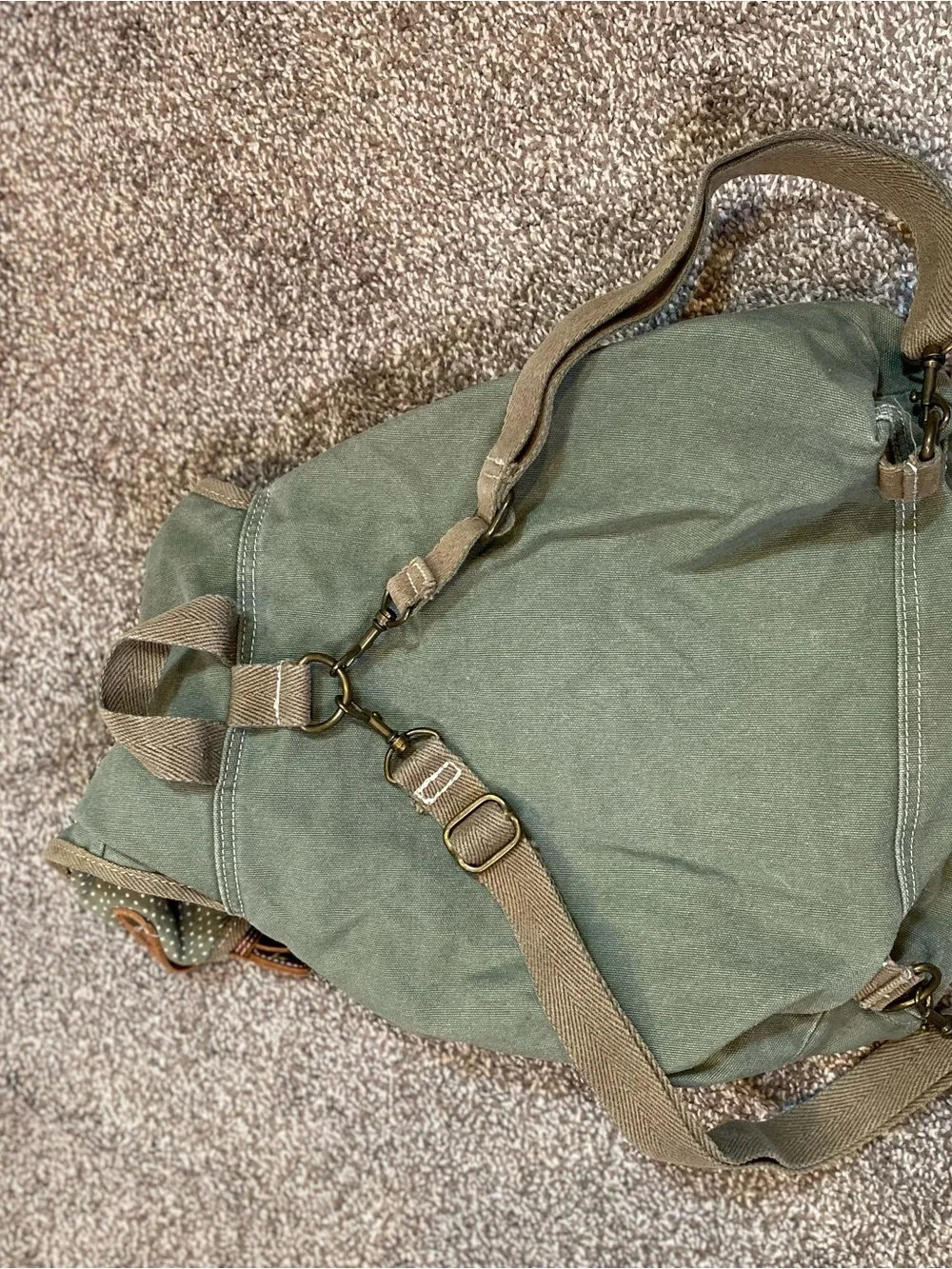 American Eagle Outfitters Sage Green Canvas Backpack with Brown Trim